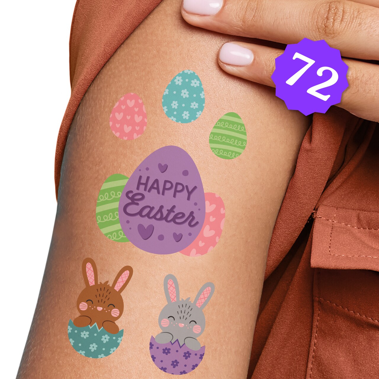 Big Dot of Happiness Spring Easter Bunny Tattoos, Happy Easter Temporary Tattoos for Kids and Adults, Colorful Eggs Party Favors (12 Sheets of 6 styles)